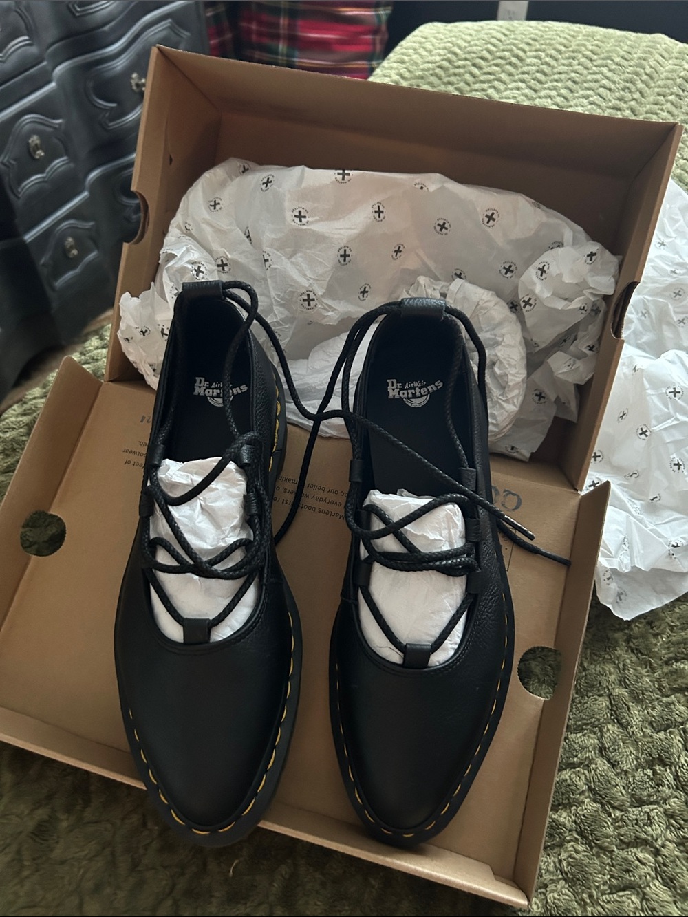 Dr. Martens Black Leather Women's Lace-Up Flats with Yellow Stitching